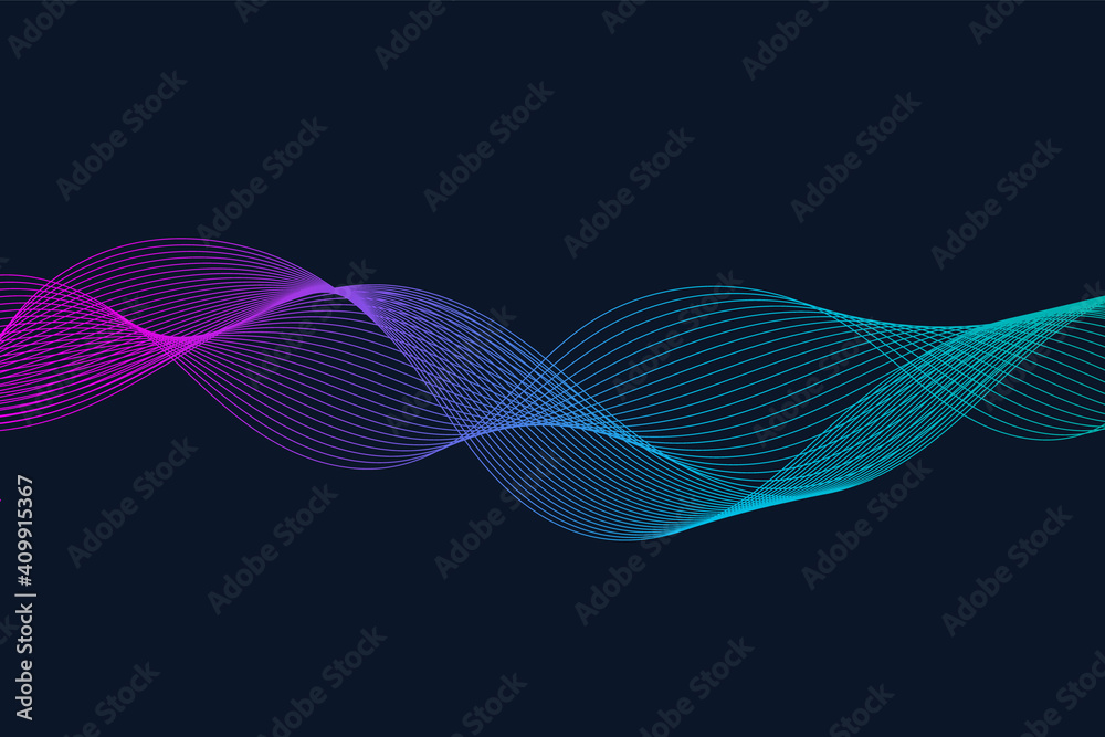 Abstract wavy lines backdrop. Colorful gradient. Curved smooth lines. Dark blue background. Stripes wave design element. Frequency signal. Technology wallpaper. Vector illustration, flat, clip art. Abstract wavy lines backdrop. Colorful gradient. Curved smooth lines. Dark blue background. Stripes wave design element. Frequency signal. Technology wallpaper. Vector illustration, flat, clip art.