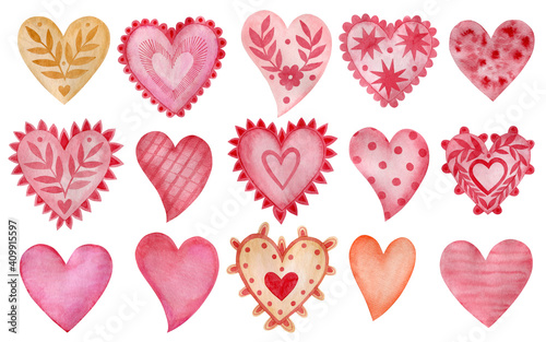 Watercolor set, decorative hearts for the holiday Valentine's Day.
