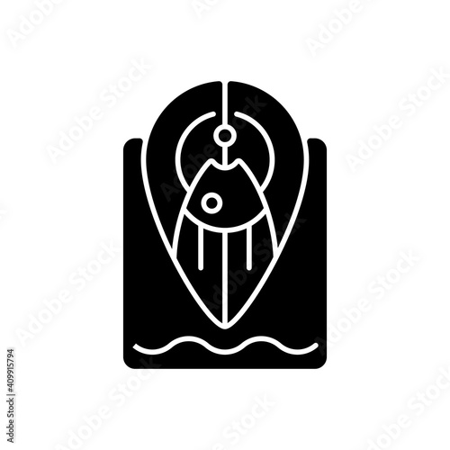 Fishing spot black glyph icon. Navigation tip for finding top fishing place. Point on map. Hobby and leasure activity. Silhouette symbol on white space. Vector isolated illustration