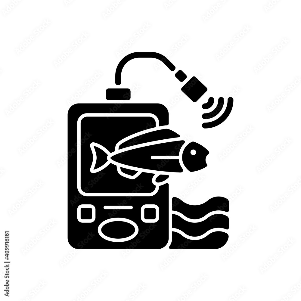 Fish finder black glyph icon. Fishers equipment. Way to find fish. Efficient fishing. Basic fishing gear. Silhouette symbol on white space. Hobby and leasure activities. Vector isolated illustration Fish finder black glyph icon. Fishers equipment. Way to find fish. Efficient fishing. Basic fishing gear. Silhouette symbol on white space. Hobby and leasure activities. Vector isolated illustration