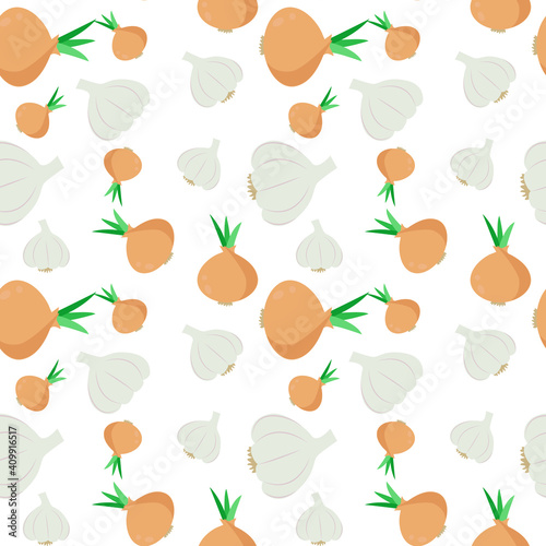 Seamless pattern of garlic and onions. Background with vegetables for design. Template for wallpaper, paper, fabric vector illustration