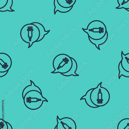 Black line Addiction to the drug icon isolated seamless pattern on green background. Heroin, narcotic, addiction, illegal. Sick junkie with a syringe and medical pills. Vector.