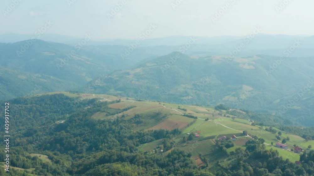 Foogy morning over the green hills. Mucanj, Western Serbia. Aerial landscape Foogy morning over the green hills. Mucanj, Western Serbia. Aerial landscape