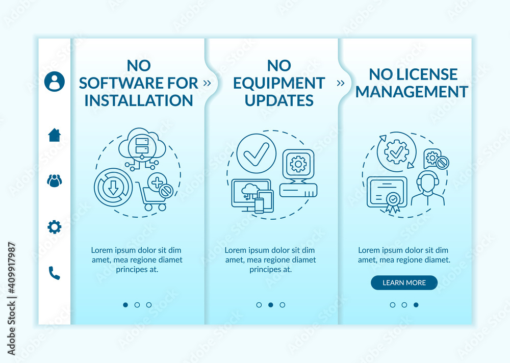 Software as service benefits onboarding vector template. No software for setup. No upgrades management. Responsive mobile website with icons. Webpage walkthrough step screens. RGB color concept
