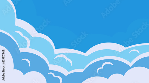 Blue sky on a background of white clouds. Clouds border. Banner template. Vector illustration in flat style