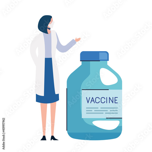 covid19 vaccine vial with female doctor vector illustration design