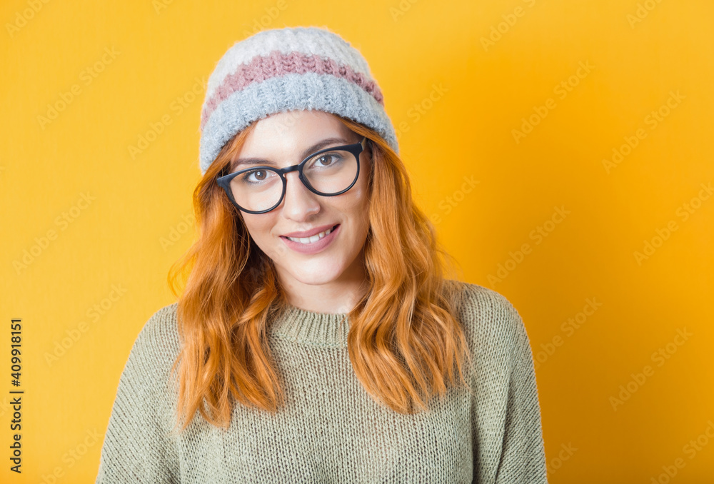 Close up pretty girl with smile face expression, isolated on yellow background. Young joyful woman