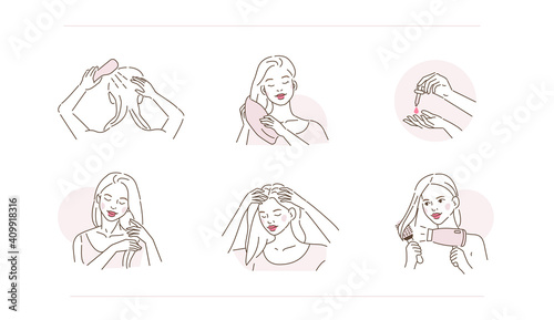 Beauty Girl Take Care of her Damaged Hair and Applying Treatment Oil on Hair Roots and Tips. Woman Making Haircare Procedures. Beauty Haircare Routine. Flat Line Vector Illustration and Icons set.