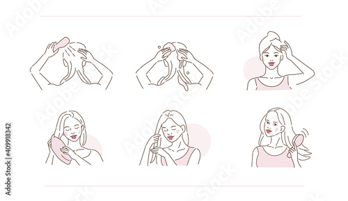 Beauty Girl Take Care of her Hair and Applying Treatment Products. Woman Washing, Drying Hair with Towel and Hairdryer. Beauty Haircare Routine. Flat Line Vector Illustration and Icons set. 