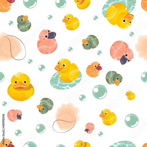 Seamless pattern with yellow, pink rubber ducks and soap bubbles on white background.