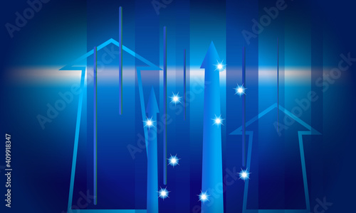 Pfeile, Streifen und Sterne steigen als Zeichen des Aufschwungs nach oben Richtung Himmel vor blauem Hintergrund mit Farbverlauf und einer dunklen Vignette