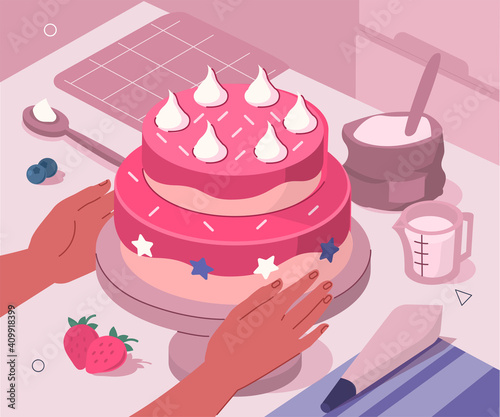 Character Hands Holding Homemade Cake on Kitchen. Wheat Flour, Milk and other Recipe Ingredients lying around. Confectioner at Work. Bakery and Pastry Concept. Flat Isometric Vector Illustration.
