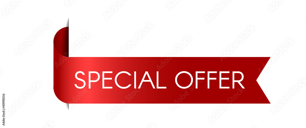 Special offer red ribbon. Vector sale label. Realistic 3D modern banner. Sale price symbol Special offer red ribbon. Vector sale label. Realistic 3D modern banner. Sale price symbol