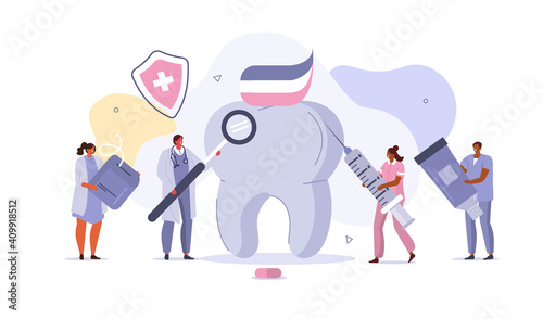 Doctor Dentists and Nurses working Together in Dental Clinic. Medical Staff at Stomatology Center Checking up Patient's Teeth. Dentistry Care and Cleaning Concept. Flat Cartoon Vector Illustration.