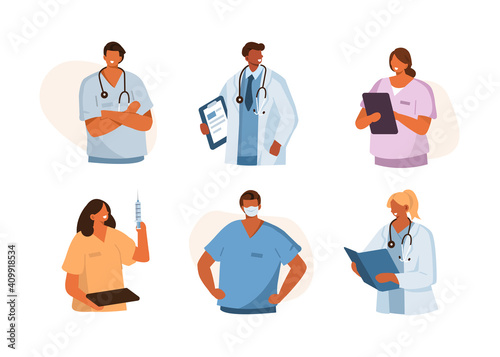 
Diverse Medical Staff Portraits. Smiling Male and Female Doctors and Nurses wearing Uniform. Professional Healthcare Team at Work. Medical Characters Set. Flat Cartoon Vector Illustration. 
