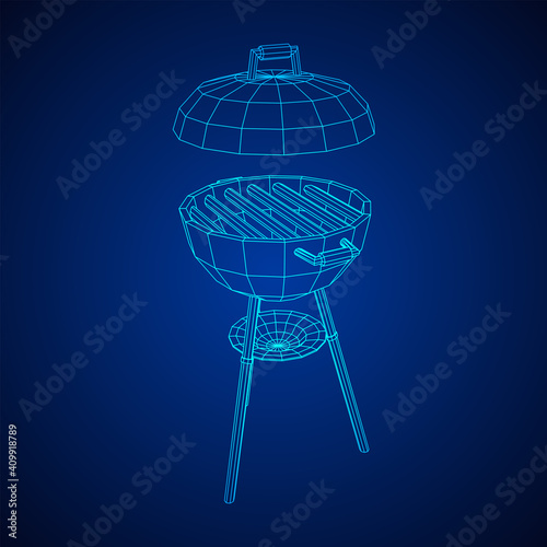 Round barbecue grill. Outdoor bbq party. Wireframe low poly mesh vector illustration