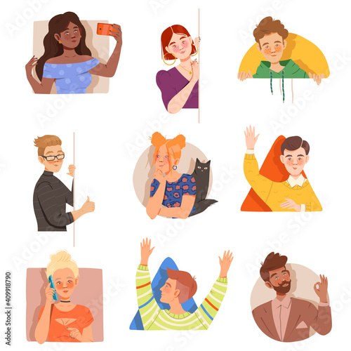 People Characters Peering or Looking out from Window or Corner Vector Illustration Set
