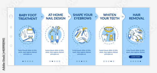 At-home beauty therapy onboarding vector template. Nail design. Teeth whitening. Depilation, epilation. Responsive mobile website with icons. Webpage walkthrough step screens. RGB color concept