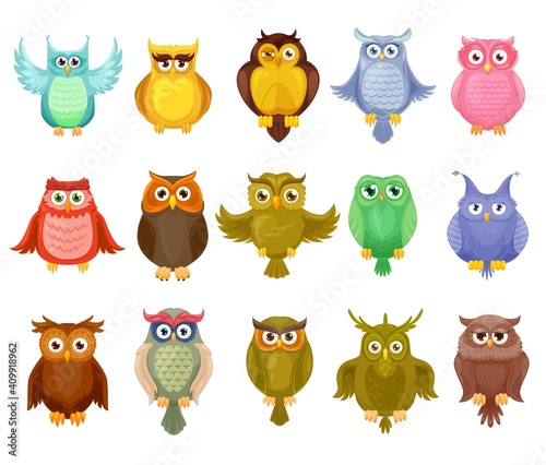 Owl birds vector design of cute cartoon owlets. Colorful feathered barn, long eared and eagle owls with spread wings and big eyes, isolated wild forest birds of prey for wildlife mascot design
