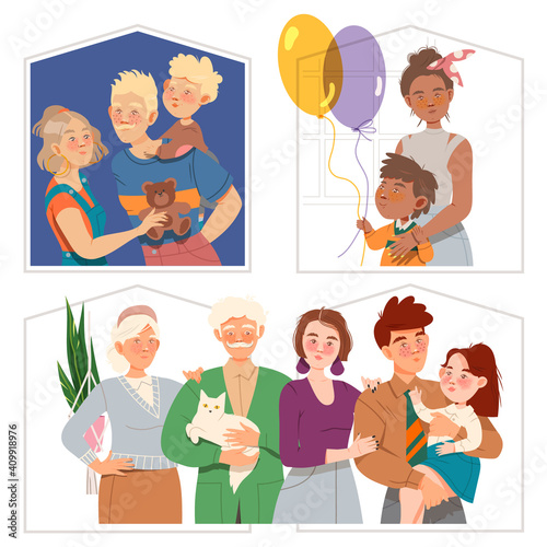 Father, Mother and Kids Standing Together Vector Illustration Set