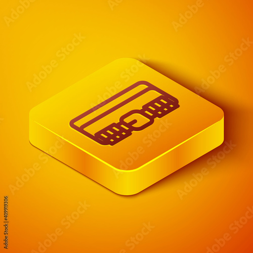 Isometric line Hunting cartridge belt with cartridges icon isolated on orange background. Bandolier sign. Hunter equipment, armament. Yellow square button. Vector.