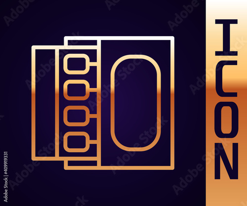 Gold line Open matchbox and matches icon isolated on black background. Vector.