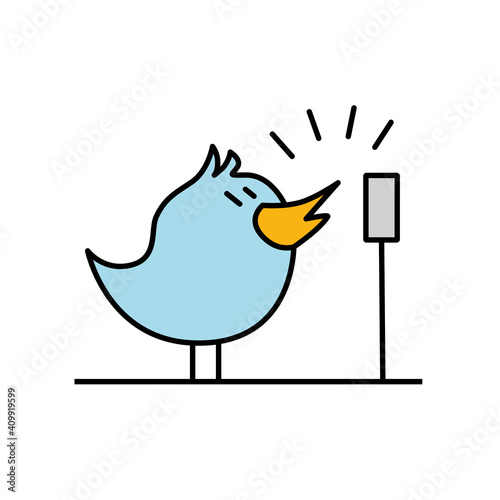 Isolierte Vektorgrafik Illustration eines kleinen niedlichen blauen Cartoon-Vogel, singt in ein Mikrofon für eine Musik Aufnahme