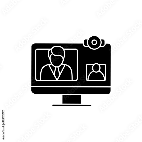 Video telephony glyph icon. Video conference call with doctor. Telehealth medical care. Virtual medical consultation. Telemedicine, health care concept. Isolated silhouette vector illustration