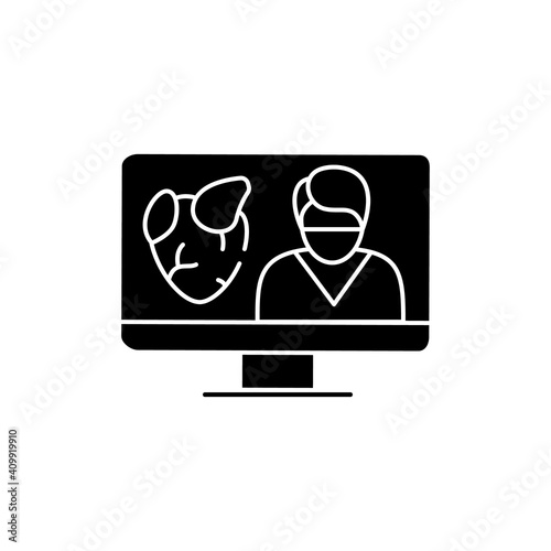 Telecardiology glyph icon. Telehealth medical care. Virtual cardiologist consultation. Telemedicine, health care concept. Online medicine, cardiology. Isolated silhouette vector illustration