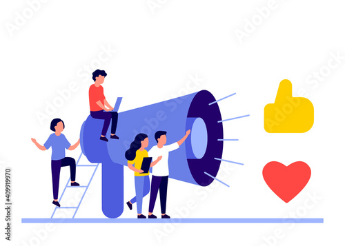 Social media marketing concept with people characters and megaphone. Share quality advertising content and get positive comment, like, sucess feedback. Promotion service concept. Vector illustration © Iuliia