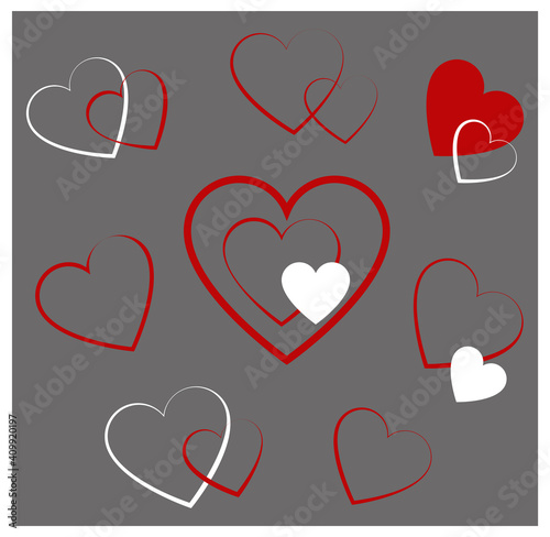 Set red white heart variety thickness line, for greeting card project. Creative hearts collection template vector illustration. Valentines day love heart symbols.
