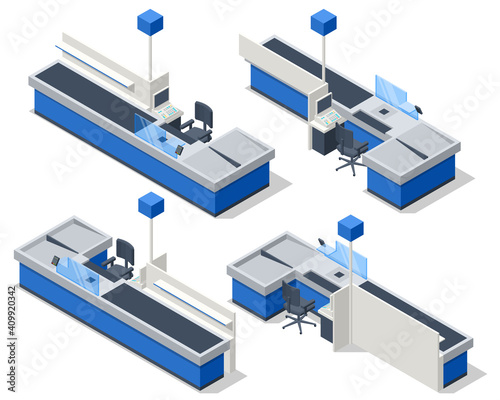 Isometric series of cash registers, cash desk, in a large supermarket. Empty cash desk with computer screen and card payment terminal.