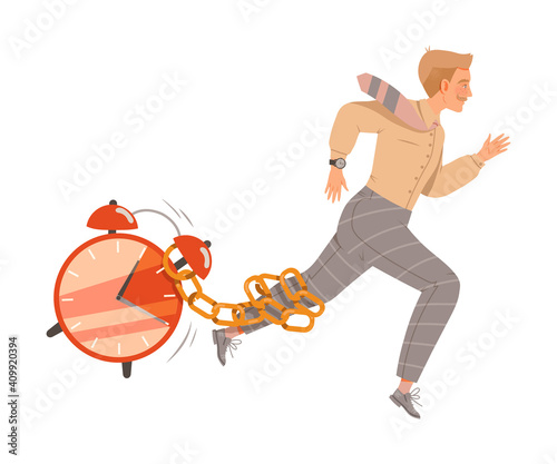 Man Running with Alarm Clock Chain Tangled Around His Leg as Time Management Vector Illustration