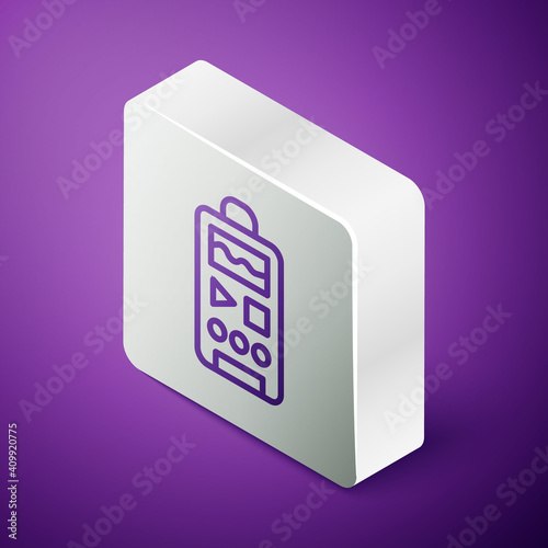 Isometric line Dictaphone icon isolated on purple background. Voice recorder. Silver square button. Vector.