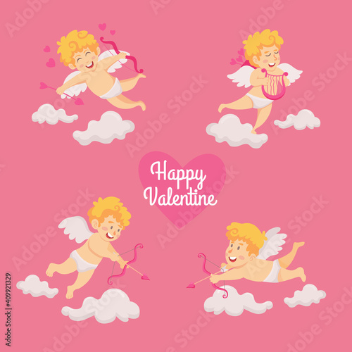 Valentine s day card vector illustration. Cute cupid angels character with bow and arrow