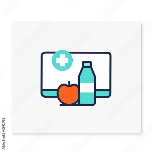 Nutrition therapy online color icon. Tele diet website, application. Nutritionist virtual consultation. Telehealth. Telemedicine, health care concept. Isolated vector illustration