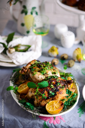 Easter chickens with herbs and lemon..style rustic