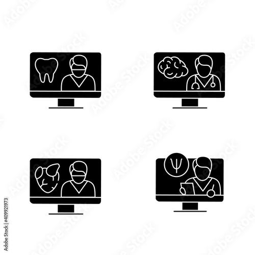  Telehealth glyph icons set. Video meetings doctors with patients. Remote healthy check. Telemedicine, health care concept. Online medical examinations. Isolated silhouette vector illustration