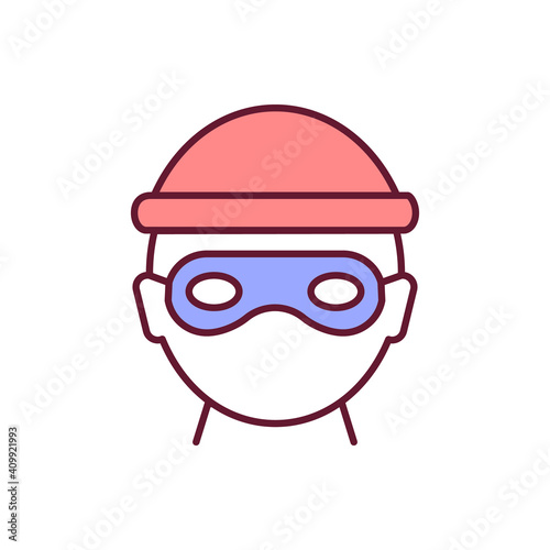 Criminal RGB color icon. Burglar in mask. Thief in disguise. Robber threat. Villain danger. Risk for security. Law violation, illegal activity. Person involved in fraud. Isolated vector illustration