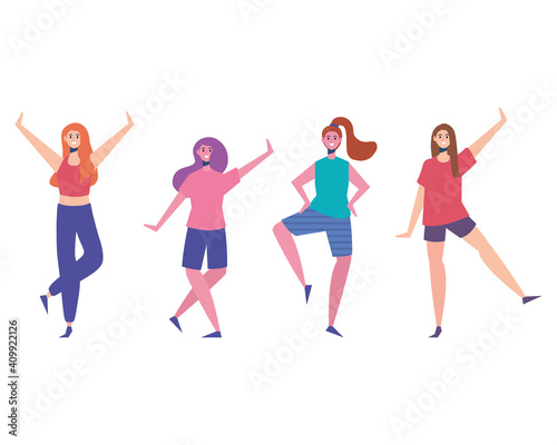 four happy young women characters vector illustration design