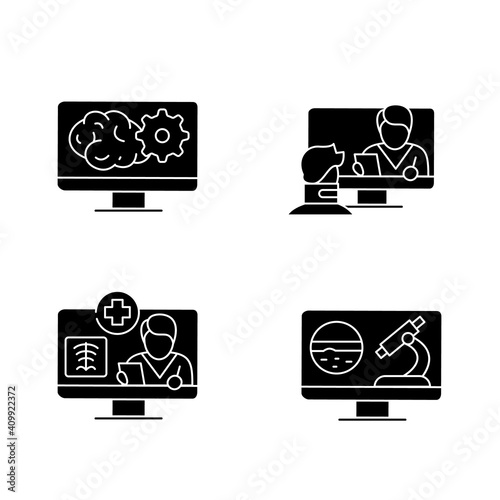 Telemedicine line icons set. Virtual doctor consultation. Remote healthy check. Telemedicine, health care concept. Online medical examinations. Isolated silhouette vector illustration