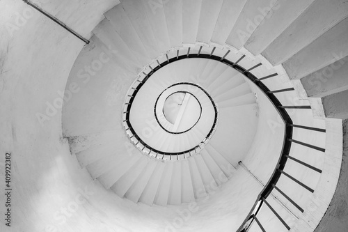 Spiral staircase in black and white.