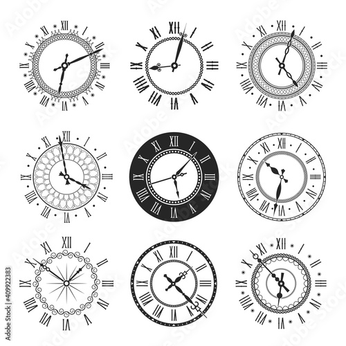 Clock and watch face with vintage round dial vector icons. Isolated black and white timepieces, antique wall or pocket watches with roman numerals and ornate clock hands, time design