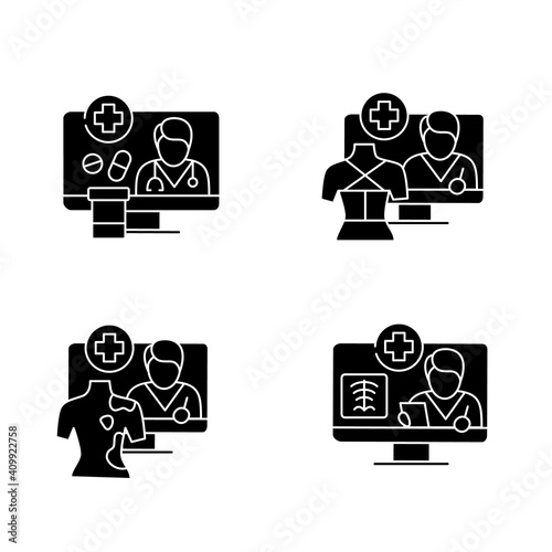 Telehealth glyph icons set. Virtual doctor consultations. Remote healthy check. Telemedicine, health care concept. Online medical examinations. Isolated silhouette vector illustration