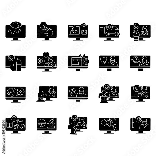  Telehealth glyph icons set. Virtual medical consultation. Remote healthy check. Telemedicine, health care concept. Online medical examinations. Isolated vector illustrations. Editable stroke