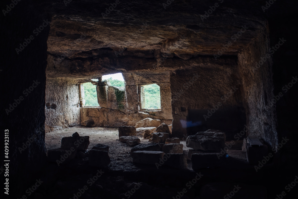Room inside ancient cave city Chufut Kale, Bakhchisaray, Crimea