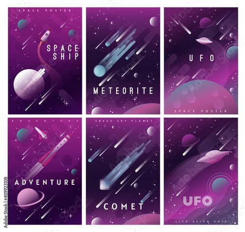 Space vector posters with flat planets, rockets, galaxy comets and stars, alien universe UFO, spaceship, meteorites and shuttle. Outer space travel, adventure and astronomy science design