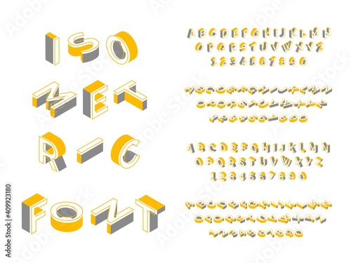 Isometric font. 3d geometric english alphabet, block latin text, futuristic uppercase letters and numbers in different angles isometry collection colors 2021 yellow and grey vector set