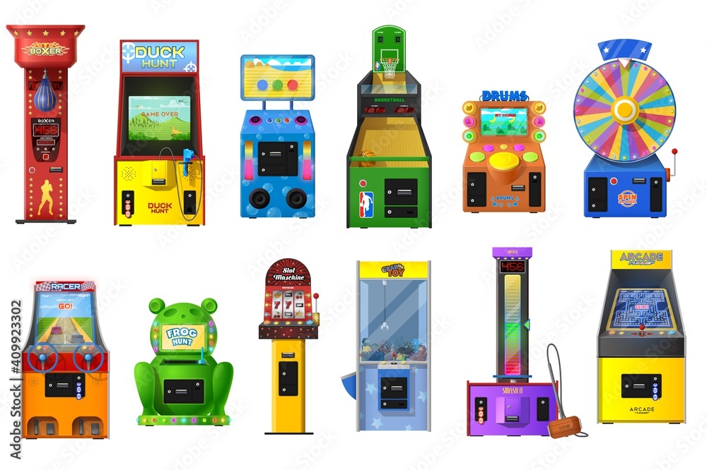 Game machines vector set of arcade video, casino slot, claw crane and wheel  of fortune. Basketball, duck hunt, racer, strength tester coin operated  machines with pixel screens, buttons and joysticks Stock Vector