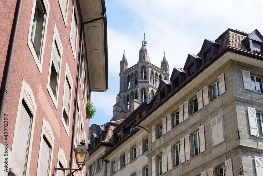 The historical city center of Lausanne, Switzerland, on a sunny day